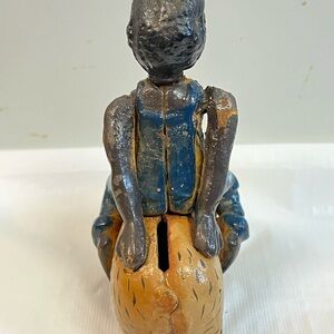 Vintage Blue and Tan Cast Iron Coin Bank Figurine